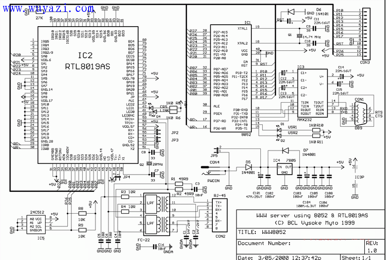 8052單片機控制RTL8019網卡的電路圖
