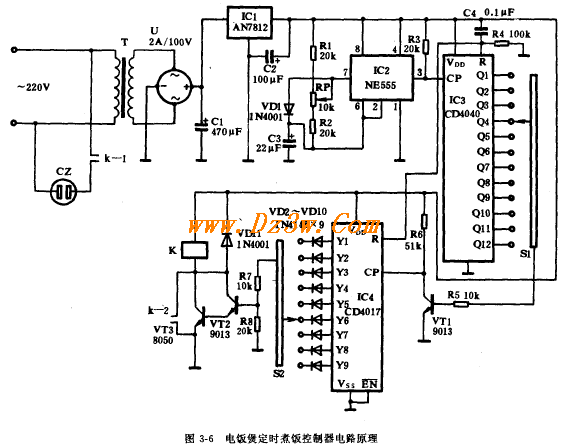 555與CD4017組成的電飯煲定時煮飯控制器電路