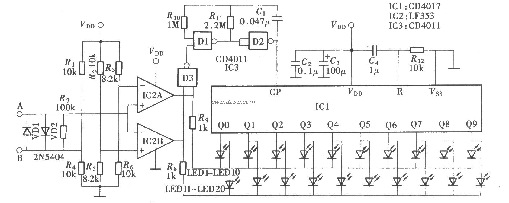 電流方向演示器(CD4017、CD4011、LF353)
