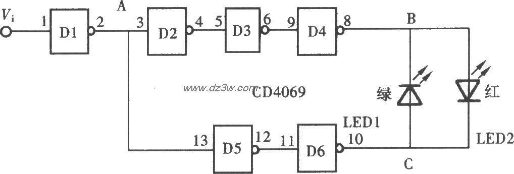 用門電路組成的發光型邏輯筆(CD4069)